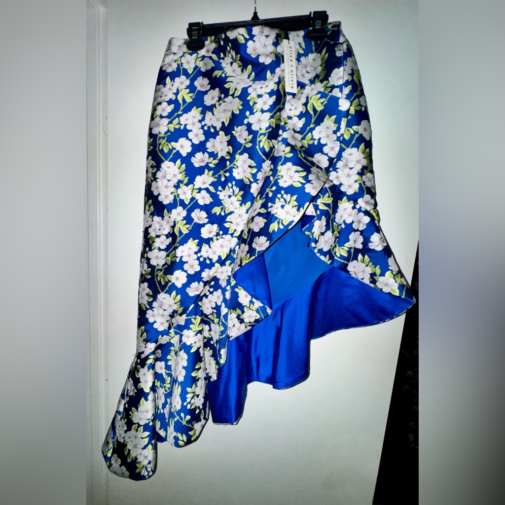 Alice + Olivia Blue Floral Ruffled Asymmetrical Lovetta Skirt Size 12